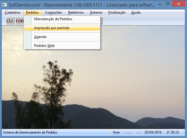Menu das opções de pedidos.