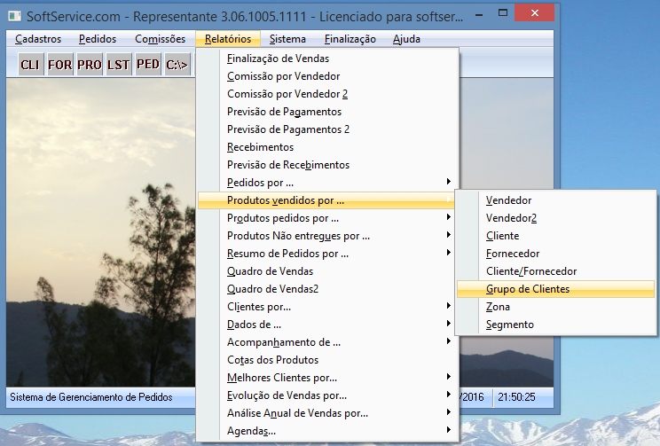 Menu dos relatórios.