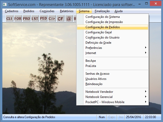 Menu das opções de configuração.